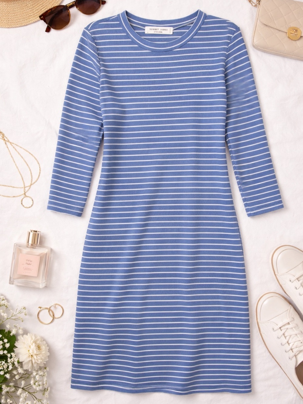Sonnet James A Play Dress Womens Size S Blue White Striped Shift Midi Dress